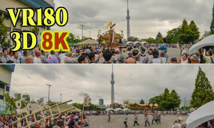 Tokyo Asakusa ' Shoh-Den Matsuri ' Festival , portable shrine procession with Tokyo Skytree in the background in JAPAN VR Video Tokyo Asakusa ' Shoh-Den Matsuri ' Festival , portable shrine procession with Tokyo Skytree in the background in JAPAN VR
