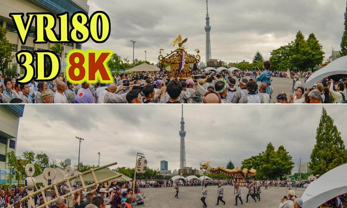 Tokyo Asakusa ' Shoh-Den Matsuri ' Festival , portable shrine procession with Tokyo Skytree in the background in JAPAN