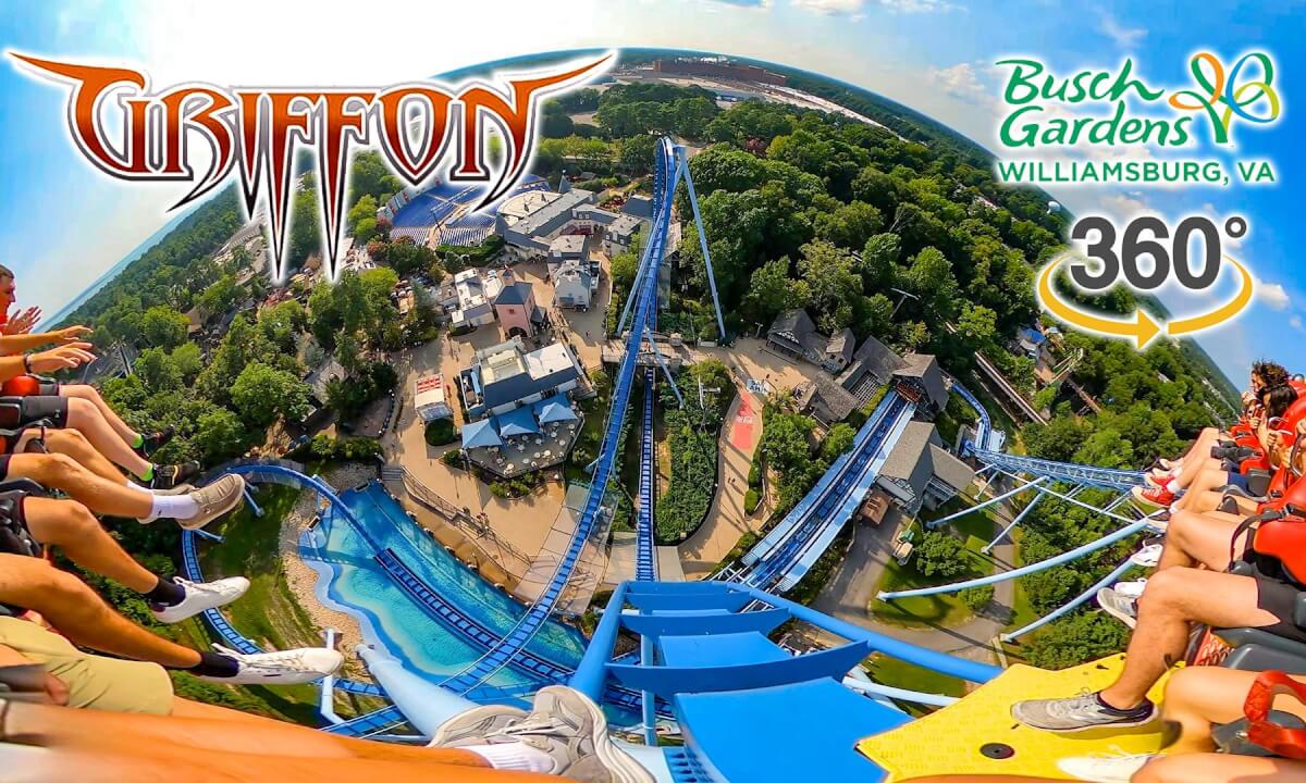 VR 360 Griffon Roller Coaster On Ride Front Seat POV Busch Gardens Williamsburg 2023 07 25
