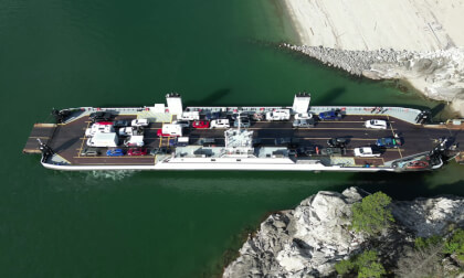 Aerial View of the the Upper Arrow Lake Ferry, the M.V. Columbia (4k, Flat)