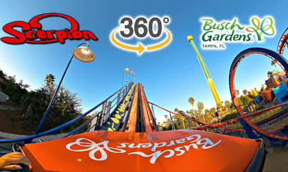 VR 360 Scorpion Roller Coaster On RIde Front Seat POV Busch Gardens Tampa 2023 10 31