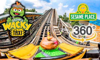 VR 360 Oscar's Wacky Taxi Roller Coaster Front Seat On Ride POV Sesame Place 2023 07 18