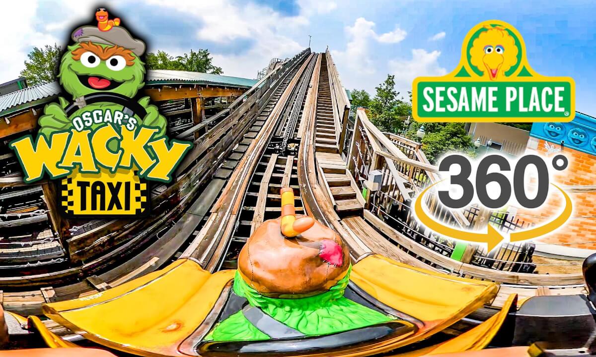 VR 360 Oscar's Wacky Taxi Roller Coaster Front Seat On Ride POV Sesame Place 2023 07 18