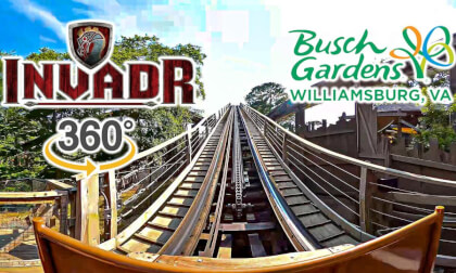 VR 360 InvadR Wooden Roller Coaster Front Seat POV Busch Gardens Williamsbur 2023 07 25