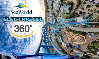 VR 360 Electric Eel Roller Coaster On Ride Front Seat POV SeaWorld San Diego 2024 02 03