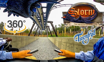 VR 360 Storm - The Dragon Legend Roller Coaster On Ride Front Seat POV TusenFryd, Norway 2023 08 09
