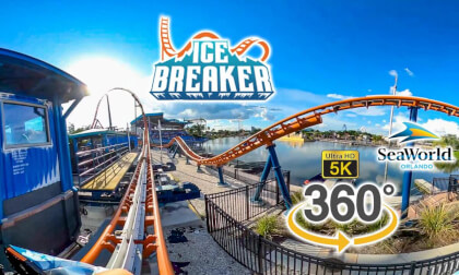 VR 360 5K Ice Breaker Roller Coaster On Ride Front Seat POV SeaWorld Orlando 2022 07 12