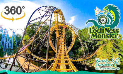 VR 360 5K The Loch Ness Monster Roller Coaster Front Seat POV Busch Gardens Williamsburg 2023 07 25