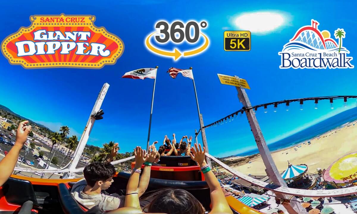 VR 360 5K Giant Dipper Roller Coaster On Ride POV Santa Cruze Beach Boardwalk 2022 08 12