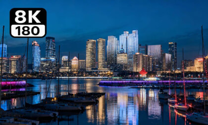 An immersive viewing experience of Qingdao Olympic Sailing Center's night view.
