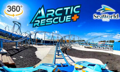 VR 360 Arctic Rescue Roller Coaster On Ride Front Seat POV SeaWorld San Diego 2024 02 03
