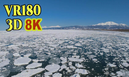 Aerial Hyperstereoscopic 3D Video of Drift ice in the Sea of ​​Okhotsk overlooking the Shiretoko Peninsula, a World Heritage Site in Hokkaido , JAPAN