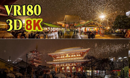 Slow motion video of the first snow falls at Sensoji Temple and Asakusa shrine in Tokyo , JAPAN