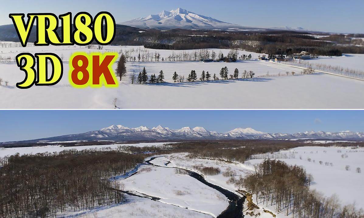 Aerial Hyperstereoscopic 3D Video of snowy scenery overlooking Mount Shari in Hokkaido , JAPAN