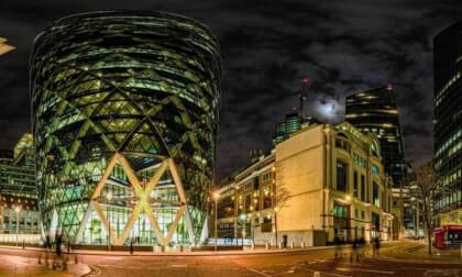Christmas decoration of the Gherkin, London, UK