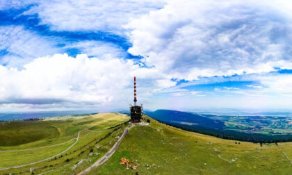Mountain Chain Chasseral Part of the Jura Formation in Switzerland with Radio Tower by drone