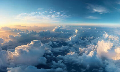 Flying Above The Clouds Over A Mountainous Region At Sunrise
