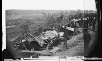1864: North Anna River, Va. Federal troops occupying line of breastworks on the north bank.