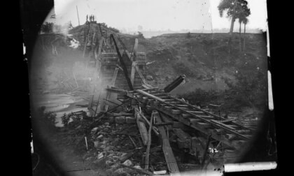 1864: North Anna River, Va. Destroyed bridge of the Richmond and Fredericksburg Railroad.