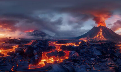 Erupting Volcanoes With Lava Flowing Across A Burnt Landscape 3D 360
