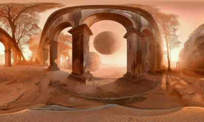 Strange Architecture And Floating Rocks In A Surreal Landscape 3D 360