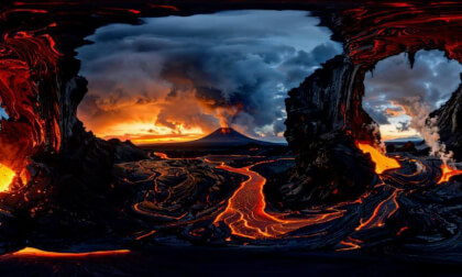 Dramatic Volcano Eruptions With Lava Flow In Volcanic Landscape 3D 360