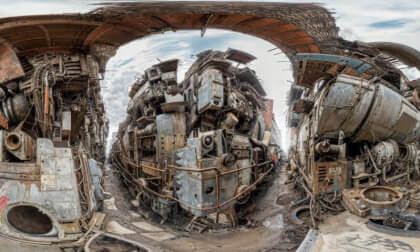 City Road With Broken Old Machines And Trash in Post Apocalyptic World 3D 360