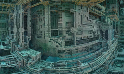 Big hall 26 - Fractal panorama with AI texture transfer