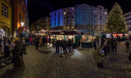 Christmas decorations on Herzog-Friedrich-Straße in the old historic city of Innsbruck, Austria.