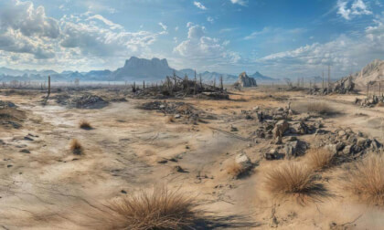 Post-Apocalyptic Desert With Broken Machines And Destroyed Buildings