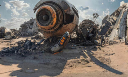 Futuristic Post-Apocalyptic Landscape With Broken Buildings and Destroyed Machines