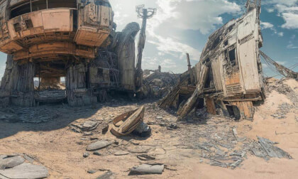 Destroyed Buildings In Futuristic Desert Landscape