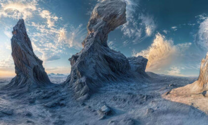 Strange Alien World With Large Moon And Rocky Landscape