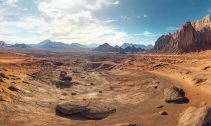 Desert Canyon With Sandstone Rocks And Mountains