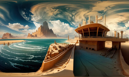 Surreal Desert Landscape With Man Made Structure And Lagoon