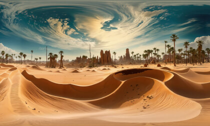 Surreal Desert Enviroment With Palm Trees And Rocks