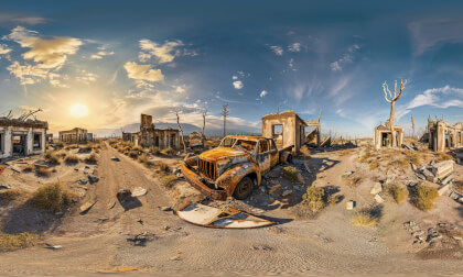 Apocalyptic Scene In Desert With Broken Vehicles And Destroyed Buildings