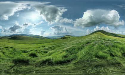 Rolling Hills And Green Fields Of Grass On A Sunny Day
