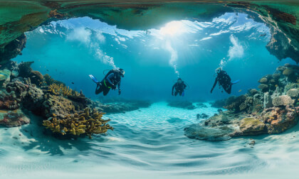 Divers Explore a Coral Reef In Tropical Ocean
