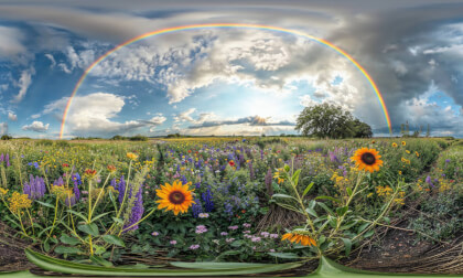 Bright Coloured Flowers In A Field With A Rainbow Overhead On Partially Overcast Day