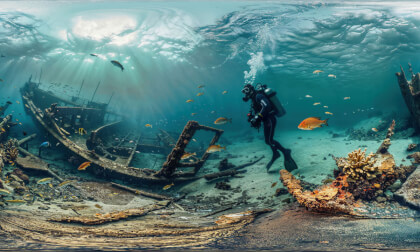 Diver Exploring Shipwreck In Tropical Ocean Surrounded By Tropical Fish