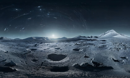 Moon With Meteorite Shower Overhead As Sun Rises Over Lunar Landscape