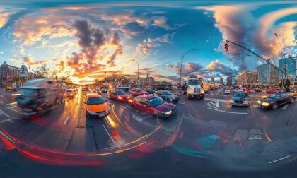 Traffic Jam On A Busy City Crossroads With Cars, Lorries, Trucks and Buses Stuck In A Muddle
