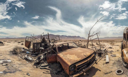 Abandoned Broken Vehicles In Post Apocalyptic Desert Landscape