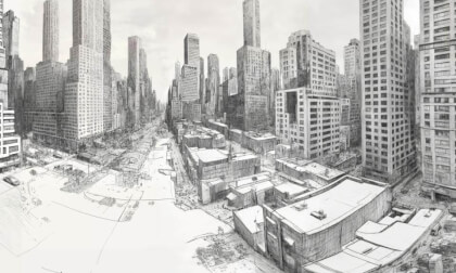 Pencil Sketch Of A Modern City With Skyscrapers