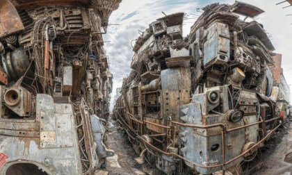 Old Post Apocalyptic City With Damaged Machines and Aircraft Parts